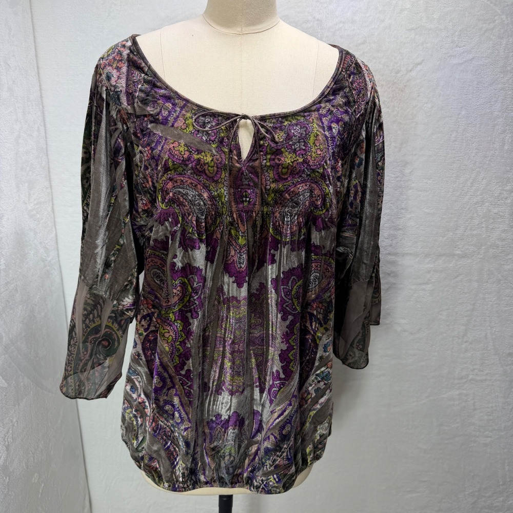 One World Womens 1X Paisley Burnout Velvet Tunic Top Purple Greenโ Boho *Read